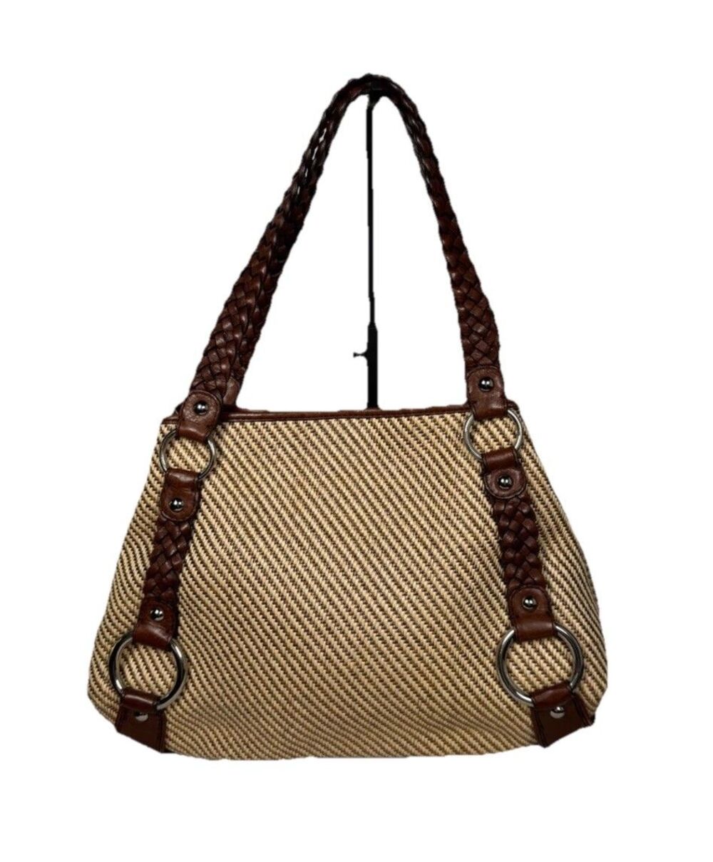 EUC Banana Republic Tan & Brown Woven Shoulder Bag Leather Trim Silver hardware - Picture 6 of 13